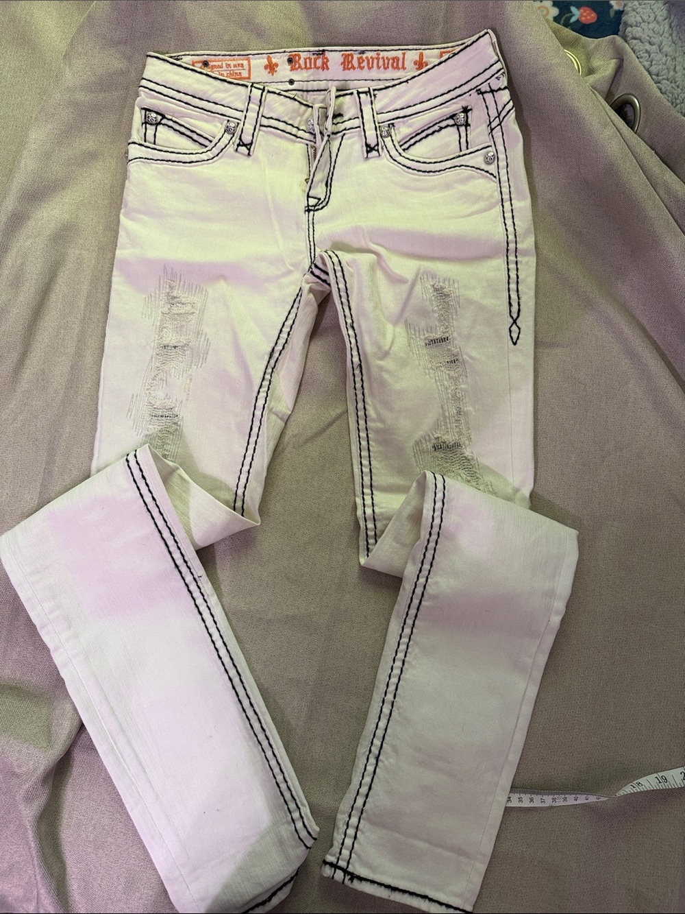 Rock Revival White Skinny Jeans with Black Stitching